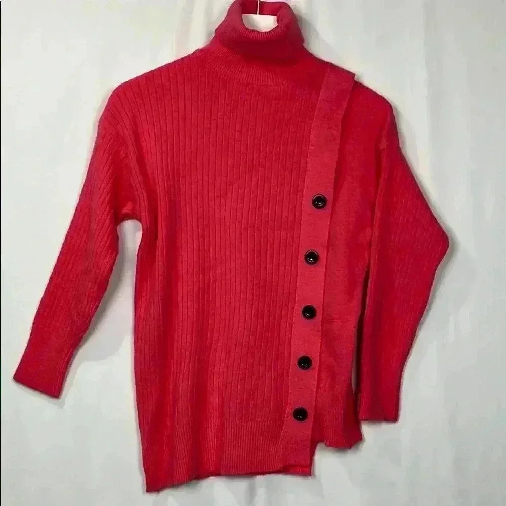 Womens Sweater Coral S/M Turtleneck Ribbed Texture 5 Button Placket Stretch Soft